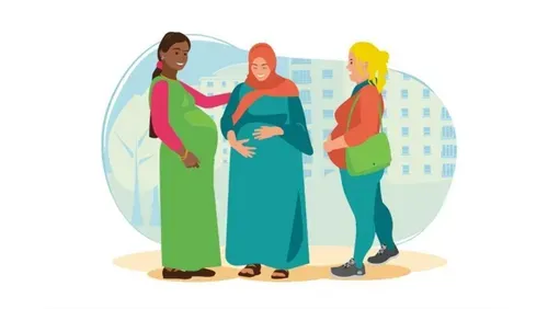 Three pregnant women talking to each other.