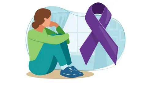 Woman sat on floor looking worried and purple ribbon to raise awareness about the crime of domestic violence in communities.
