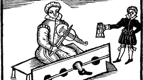 A woodblock print in black and white of a musician playing a fiddle with one leg in the stocks. To their right, an onlooker brandishes a mug of ale.