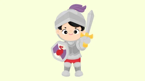 Illustration of a knight wearing armour, holding a sword and a shield. The shield has a dodo on it.