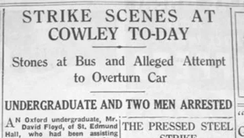 A photo of a newspaper article with the headine 'Strike scenes at Cowley to-day'
