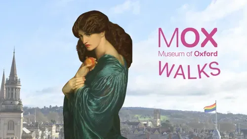 A portrait of a woman in a dark green dress holding a pomegranate, against the Oxford skyline.