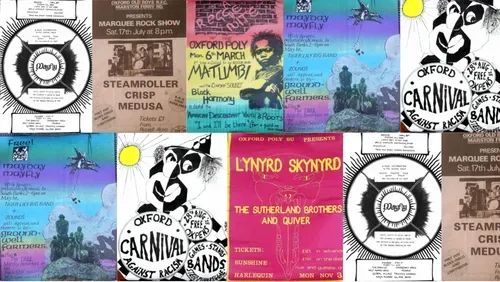 A collage of historic flyers advertising gigs and festivals that took place in the 1970s, including Mayfly free festival, Lynrd Skyrnrd at Oxford Polytechnic and Oxford Carnival Against Racism