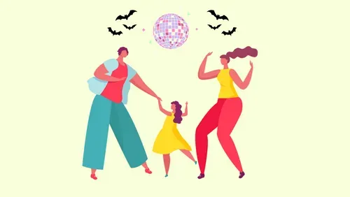 Drawing of family dancing under disco ball with bats