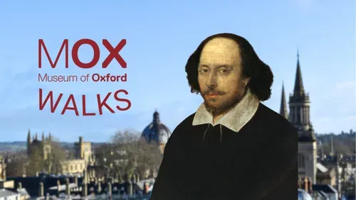 A portrait of Shakespeare with the Oxford skyline in the background.