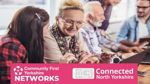 People of different ages chatting and working on laptops with the  Connected North Yorkshire logo and Community First Yorkshire and the word network on a pink colour block