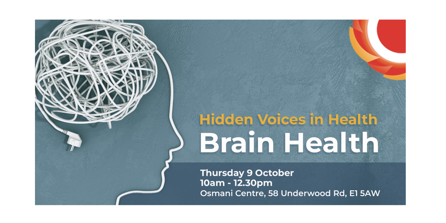 Image of a white electric cord shaped as a person's face and brain. Set against a dusty blue background.Hidden Voices in Health - Brain Health  Thursday 9 October / 10.00am to 12.30pm / Osmani Centre, 58 Underwood Rd, E1 5AW.. THCVS logo in the top left corner.