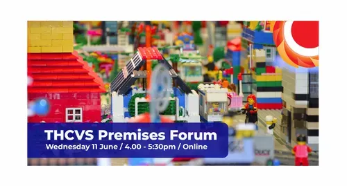 Photograph of a lego village with lego buildings, people and vehicles. THCVS Premises Forum. Wednesday 11 June / 4.00 - 5:30pm / Online .