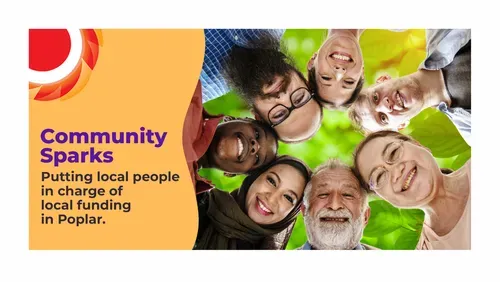 Photograph of 7 people of different ages/ethnic backgrounds together in a circular pattern.   Community Sparks. Putting local people in charge of local funding in Poplar.   THCVS logo in the top left corner.