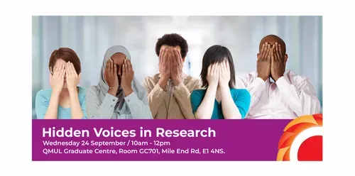 Photograph of 5 researchers covering their faces with their hands. Hidden Voices in Research. Wednesday 24 September / 10am - 12pm QMUL Graduate Centre, Room GC701, Mile End Rd, E1 4NS. THCVS logo in the bottom right corner. 