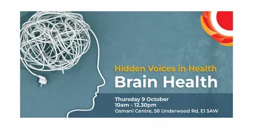 Image of a white electric cord shaped as a person's face and brain. Set against a dusty blue background.Hidden Voices in Health - Brain Health  Thursday 9 October / 10.00am to 12.30pm / Osmani Centre, 58 Underwood Rd, E1 5AW.. THCVS logo in the top left corner.