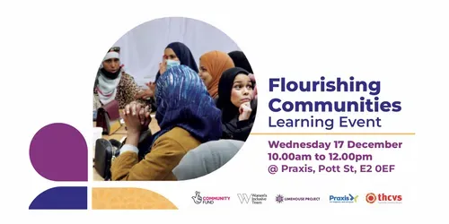 Image of Somali women having a discussion at a Flourishing Communities workshop.  Flourishing Communities Learning Event.  Wednesday 17 December 10.00am to 12.00pm @ Praxis, Pott St, E2 0EF. Logos: National Lottery Community Fund, Women’s Inclusive Team, the Limehouse Project, Parxis, THCVS.