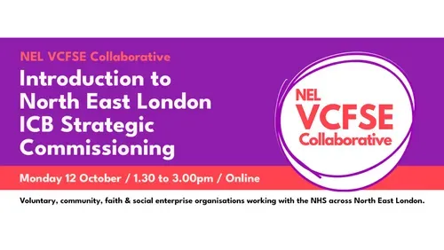Banner for the NEL VCFSE Collaborative titled "Introduction to North East London ICB Strategic Commissioning," an online event on Monday 12 October, 1.30 to 3.00pm. NEL VCFSE Collaborative logo on the right side of the graphic with the tagline: "Voluntary, community, faith & social enterprise organisations working with the NHS across North East London.