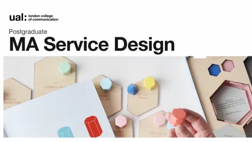 Postgraduate MA Service Design. Photograph of a project from a student from the course. UAL (University of the Arts London) logo in the top left corner.