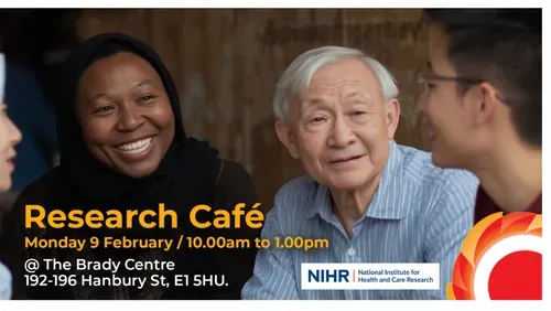 Photograph of a group of 4 people talking with each other. Research Café. Monday 9 February / 10.00am to 1.00pm / Brady Centre 192-196 Hanbury St, E1 5HU. NIHR (national Institute for Health and Care Research and THCVS logo in the bottom right corner.