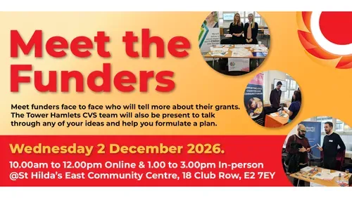 Promotional banner with the title “Meet the Funders” in large red letters on an orange-yellow gradient. Text beneath reads: “Meet funders face to face who will tell more about their grants. The Tower Hamlets CVS team will also be present to talk through any of your ideas and help you formulate a plan.” A red panel at the bottom gives the details: Wednesday 2 December 2026, 10.00am to 12.00pm online, and 1.00 to 3.00pm in person at St Hilda’s East Community Centre, 18 Club Row, E2 7EY. Three circular photos from a previous event show funders at stands with leaflets and pull-up banners, talking with visitors. THCVS logo in the top right corner.