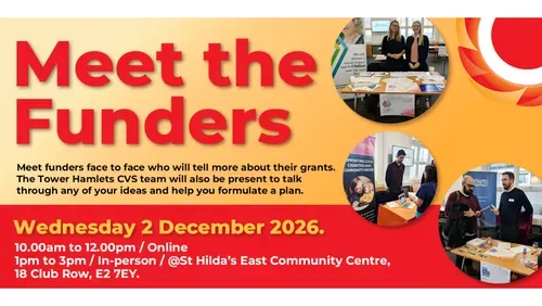 Promotional banner with the title “Meet the Funders” in large red letters on an orange-yellow gradient. Text beneath reads: “Meet funders face to face who will tell more about their grants. The Tower Hamlets CVS team will also be present to talk through any of your ideas and help you formulate a plan.” A red panel at the bottom gives the details: Wednesday 2 December 2026, 10.00am to 12.00pm online, and 1pm to 3pm in person at St Hilda’s East Community Centre, 18 Club Row, E2 7EY. Three circular photos from a previous event show funders at stands with leaflets and pull-up banners, talking with visitors. THCVS logo in the top right corner.