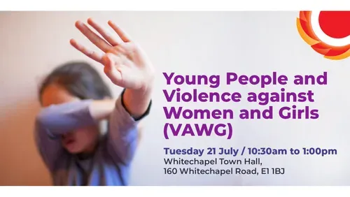 Event promotional graphic for 'Young People and Violence against Women and Girls (VAWG)', taking place on Tuesday 21 July, 10:30am to 1:00pm, at Whitechapel Town Hall, 160 Whitechapel Road, E1 1BJ. The left side shows a blurred image of a young person raising their hand in a defensive or stop gesture. THCVS logo in the top right corner.