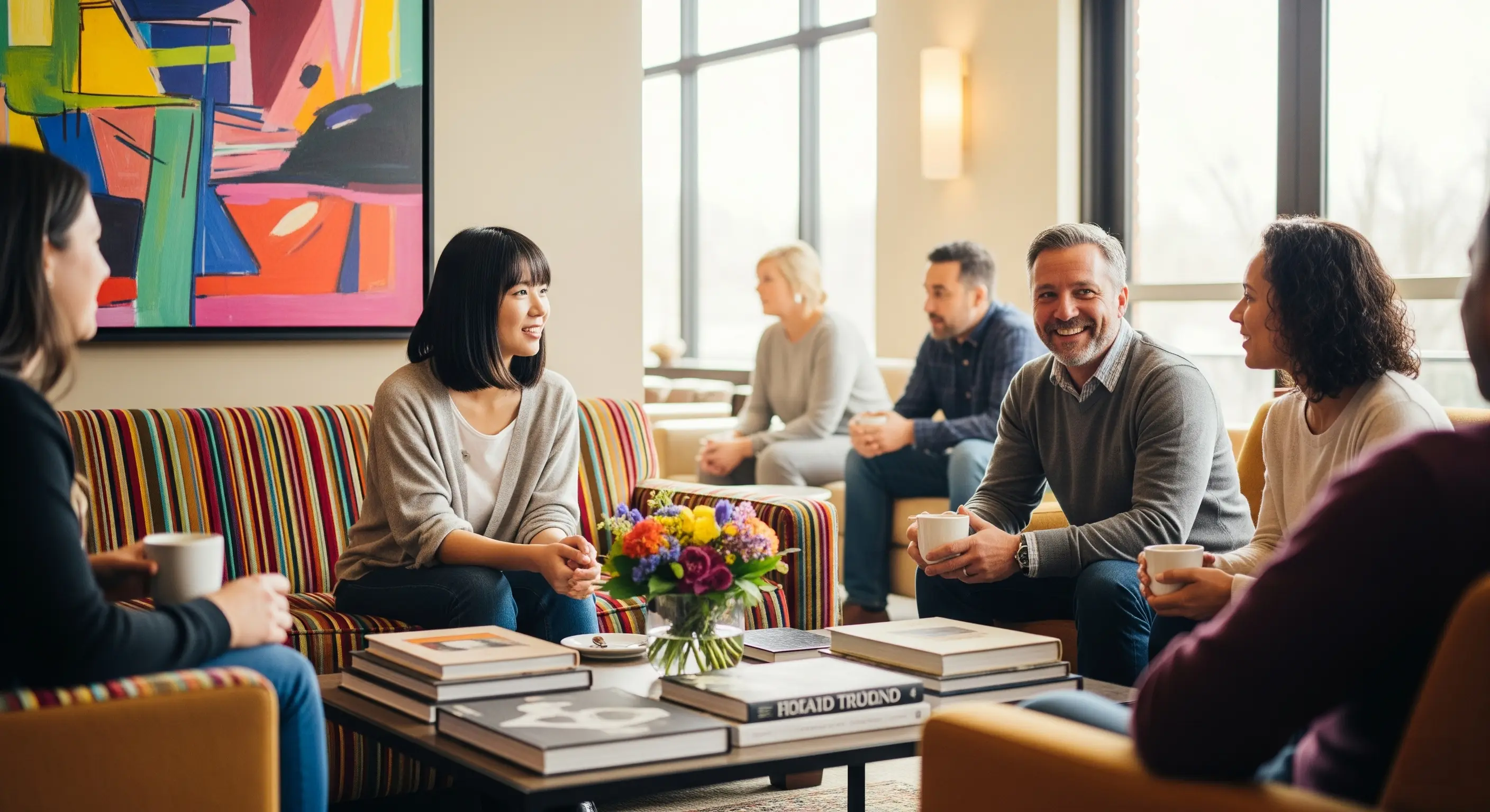 Group of people talking with coffee