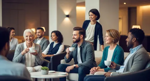 Group of people talking with coffee