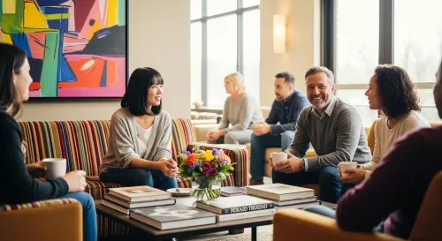Group of people talking with coffee