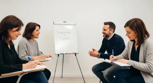 Four people in a Spanish conversation group