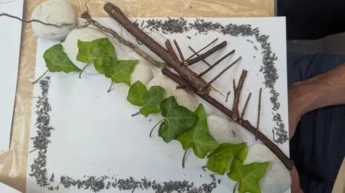 a picture on a piece of paper made from sticks and leaves