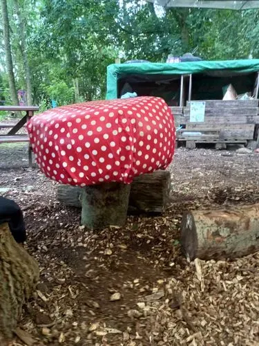 A beautiful toadstool seat made out of a tree stump and a red and white polka dot table cloth, made by some of our volunteers.