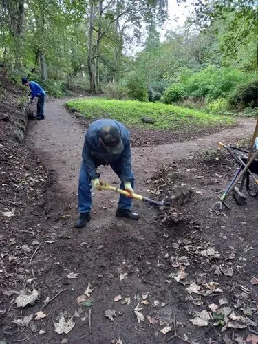 One of our volunteers shovelling thick mud off the pathways in The Dell to make it clear for the public to pass through.