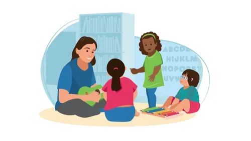 Woman playing guitar to three young children