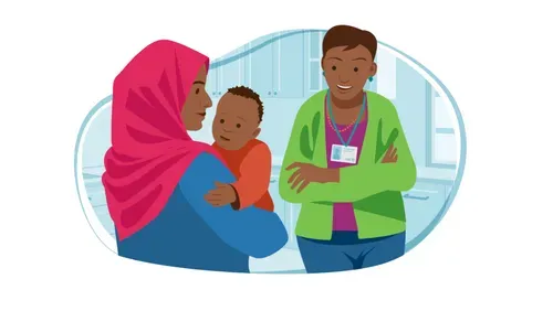 Woman and baby talking to health visitor