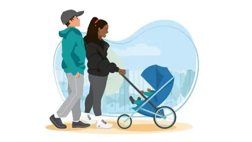 Young woman and young man pushing a pram