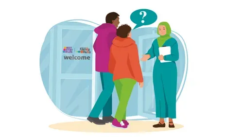 Man and woman asking questions from a woman Bristol Family Hubs navigator.