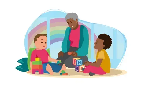 Woman sat on mat playing with toddler and child.