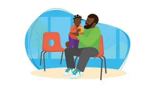 Man and child sat on seat.