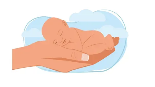 Small baby lying on adult hand.