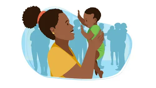 Woman holding baby face to face.